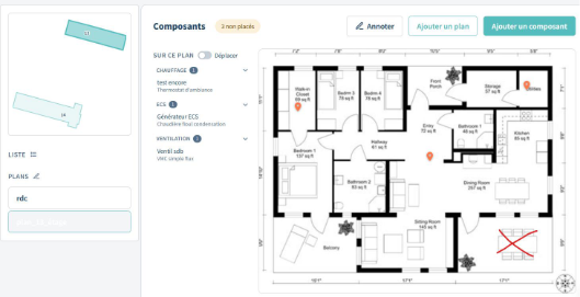 Visuel descriptif du plan du bâtiment sur l'outil Perspective de Lowit qui constitue un carnet de santé numérique du bâtiment.